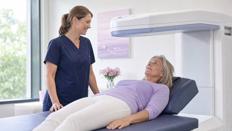 A woman lying on a bone density scanner with a nurse beside her