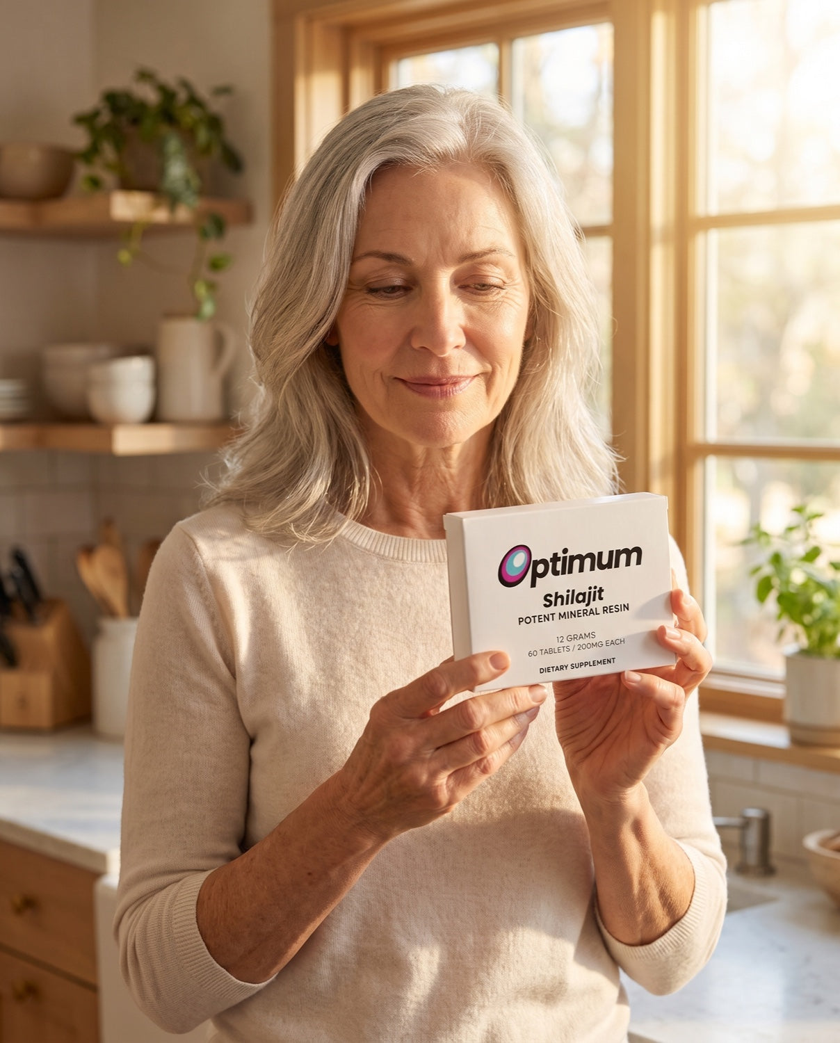 A woman in her sixties holding the Optimum Shilajit box in a sunlit kitchen