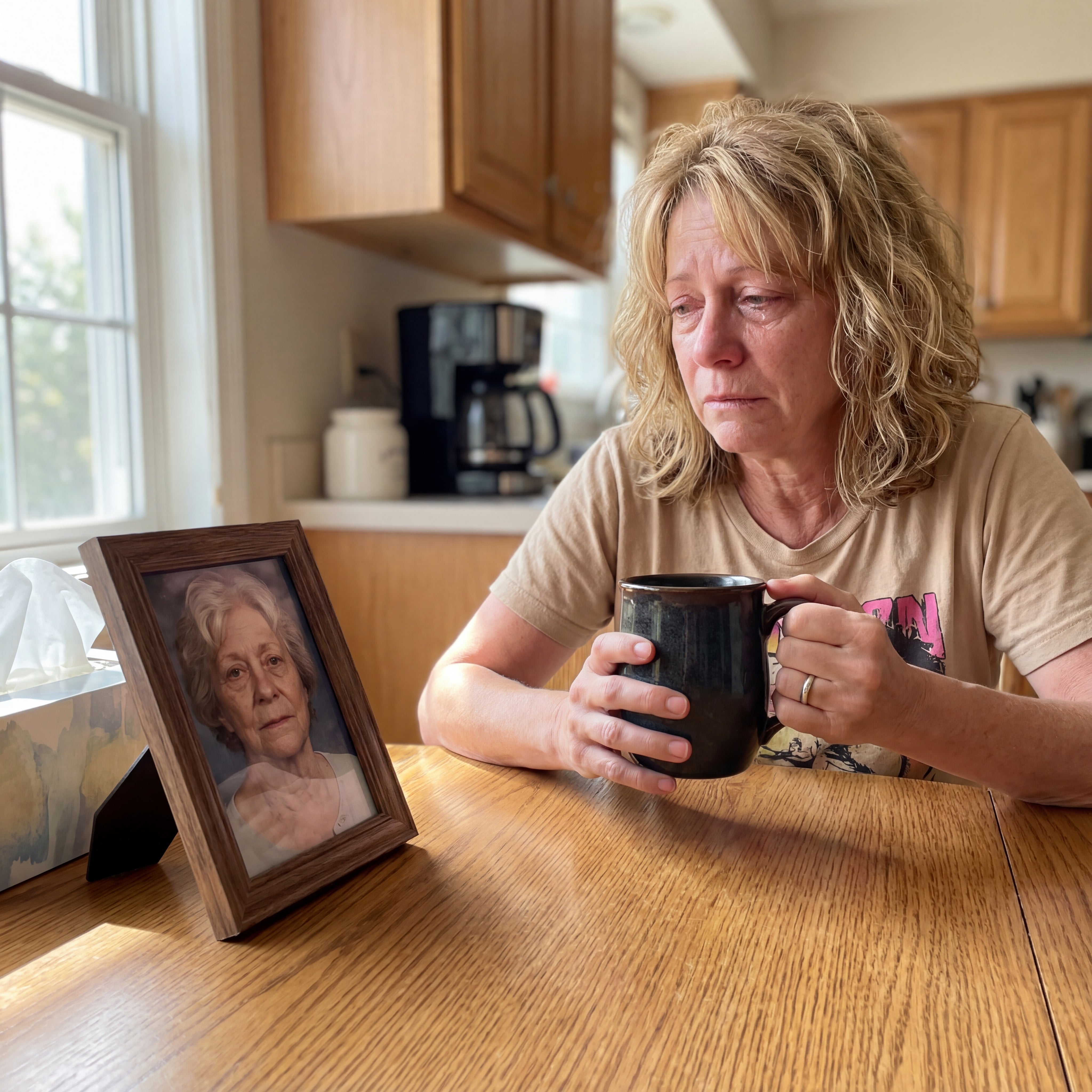 At the kitchen table with her mother's photo
