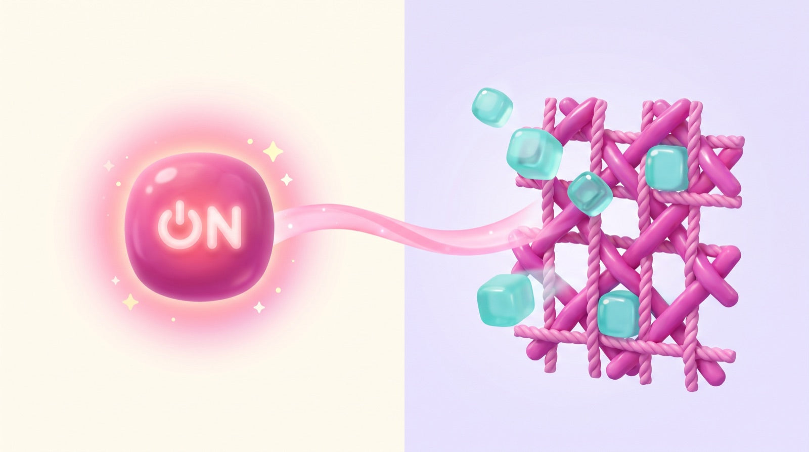A glowing signal on the left flowing into a half built collagen frame on the right, with material blocks slotting into the open gaps