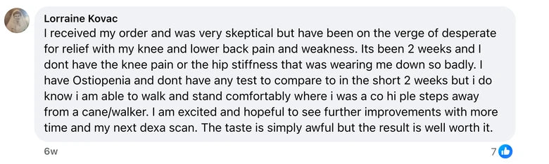 Facebook comment from Lorraine Kovac: I received my order and was very skeptical but have been on the verge of desperate for relief with my knee and lower back pain and weakness.  Its been