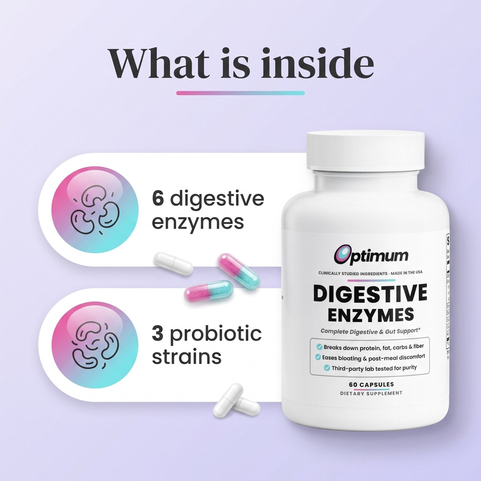 What is inside, 6 digestive enzymes and 3 probiotic strains