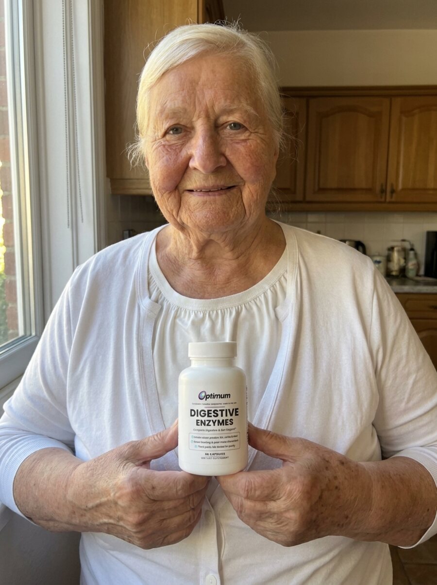 Linda P., verified Optimum customer holding the Optimum Digestive Enzymes bottle