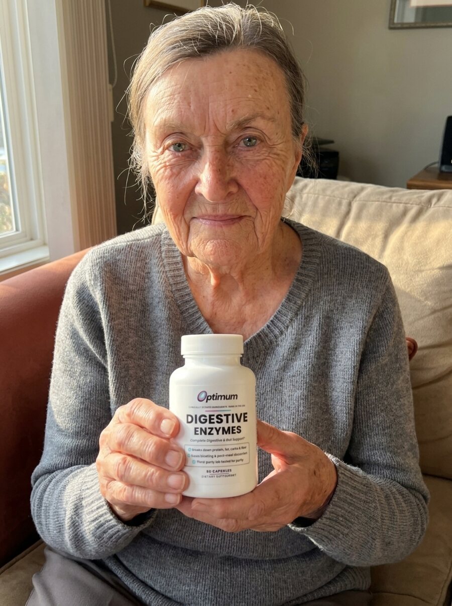 Carol M., verified Optimum customer holding the Optimum Digestive Enzymes bottle
