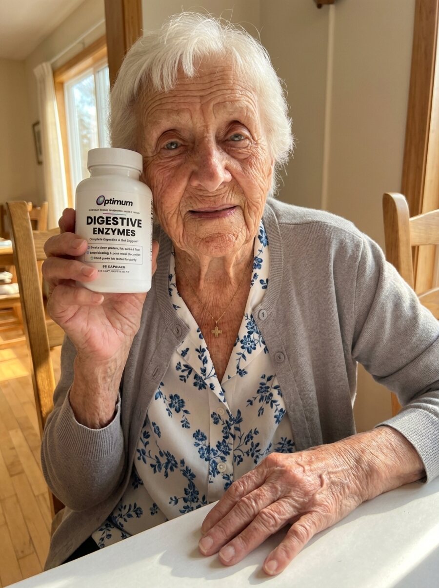 Patricia H., verified Optimum customer holding the Optimum Digestive Enzymes bottle