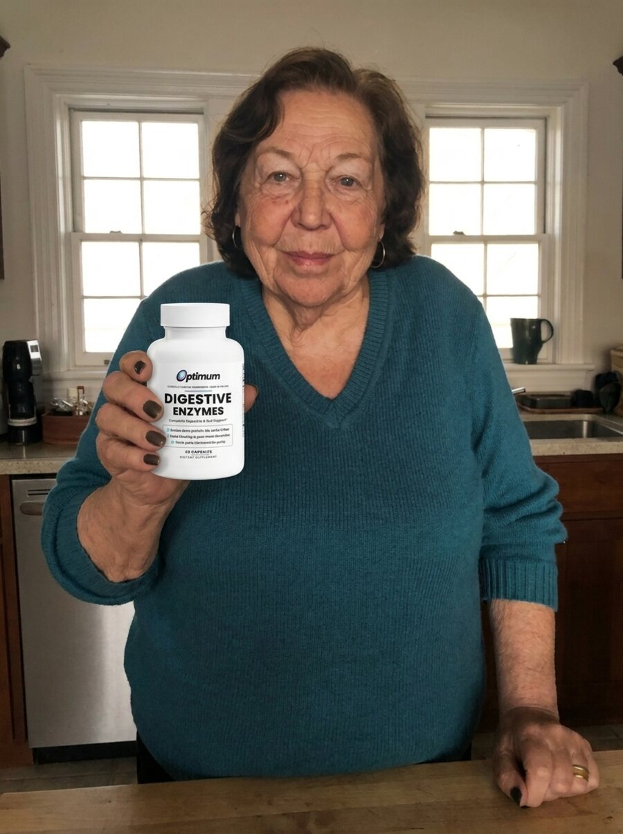 Joan F., verified Optimum customer holding the Optimum Digestive Enzymes bottle