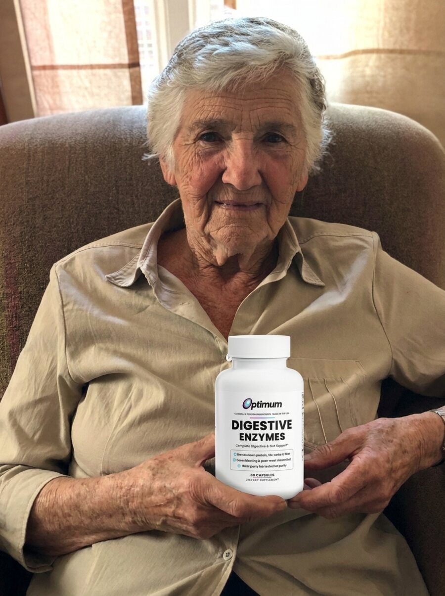 Brenda L., verified Optimum customer holding the Optimum Digestive Enzymes bottle