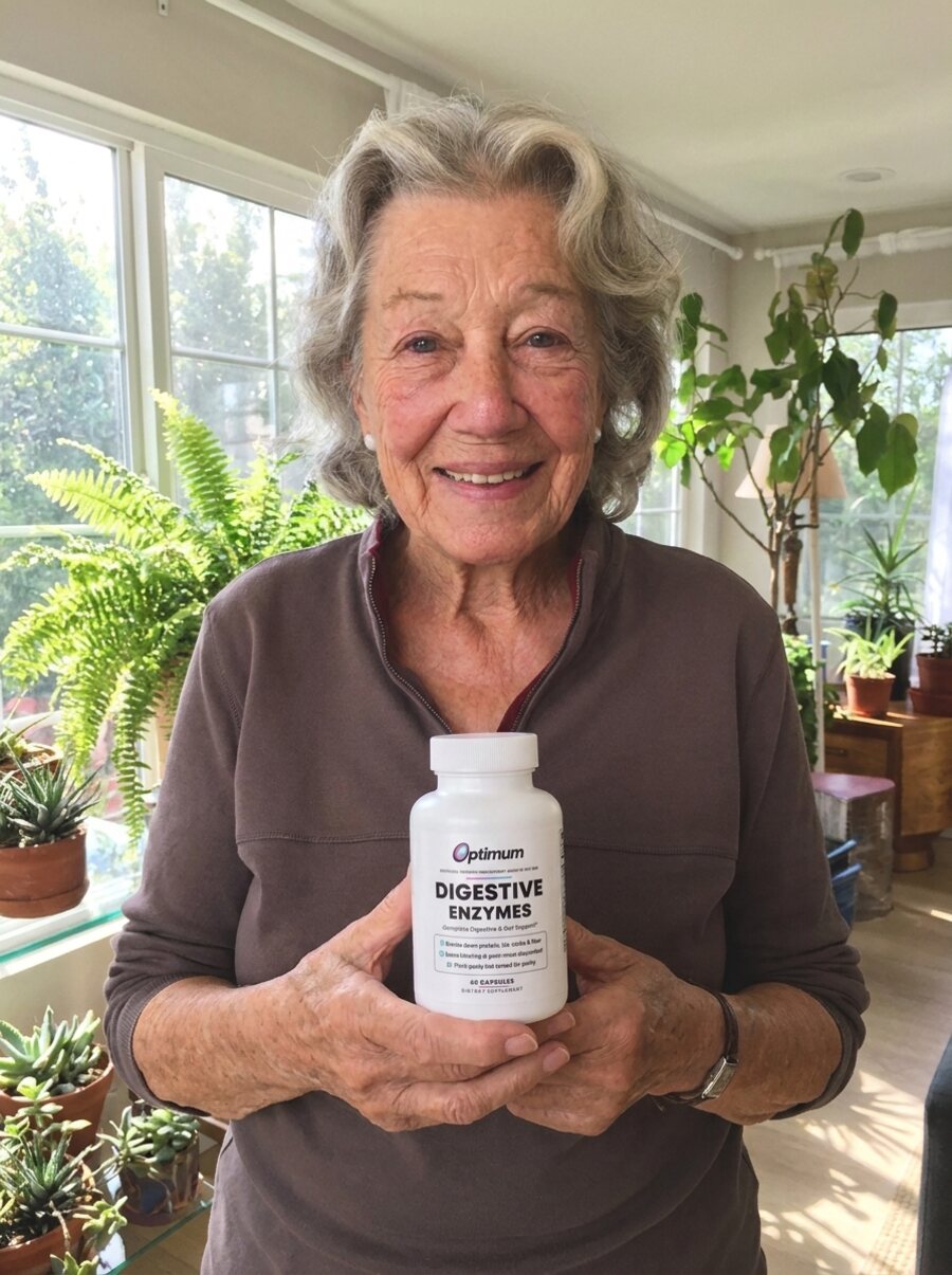 Eleanor S., verified Optimum customer holding the Optimum Digestive Enzymes bottle