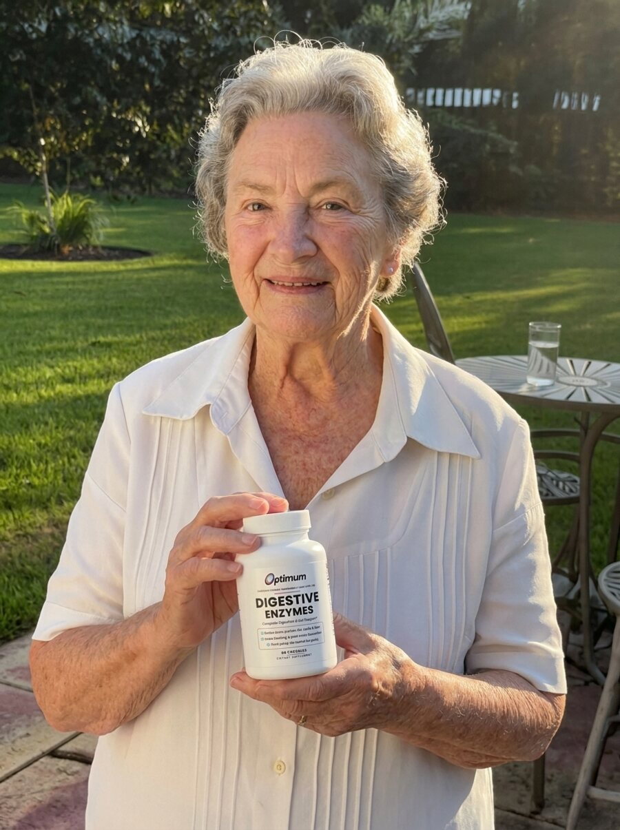 Donna K., verified Optimum customer holding the Optimum Digestive Enzymes bottle