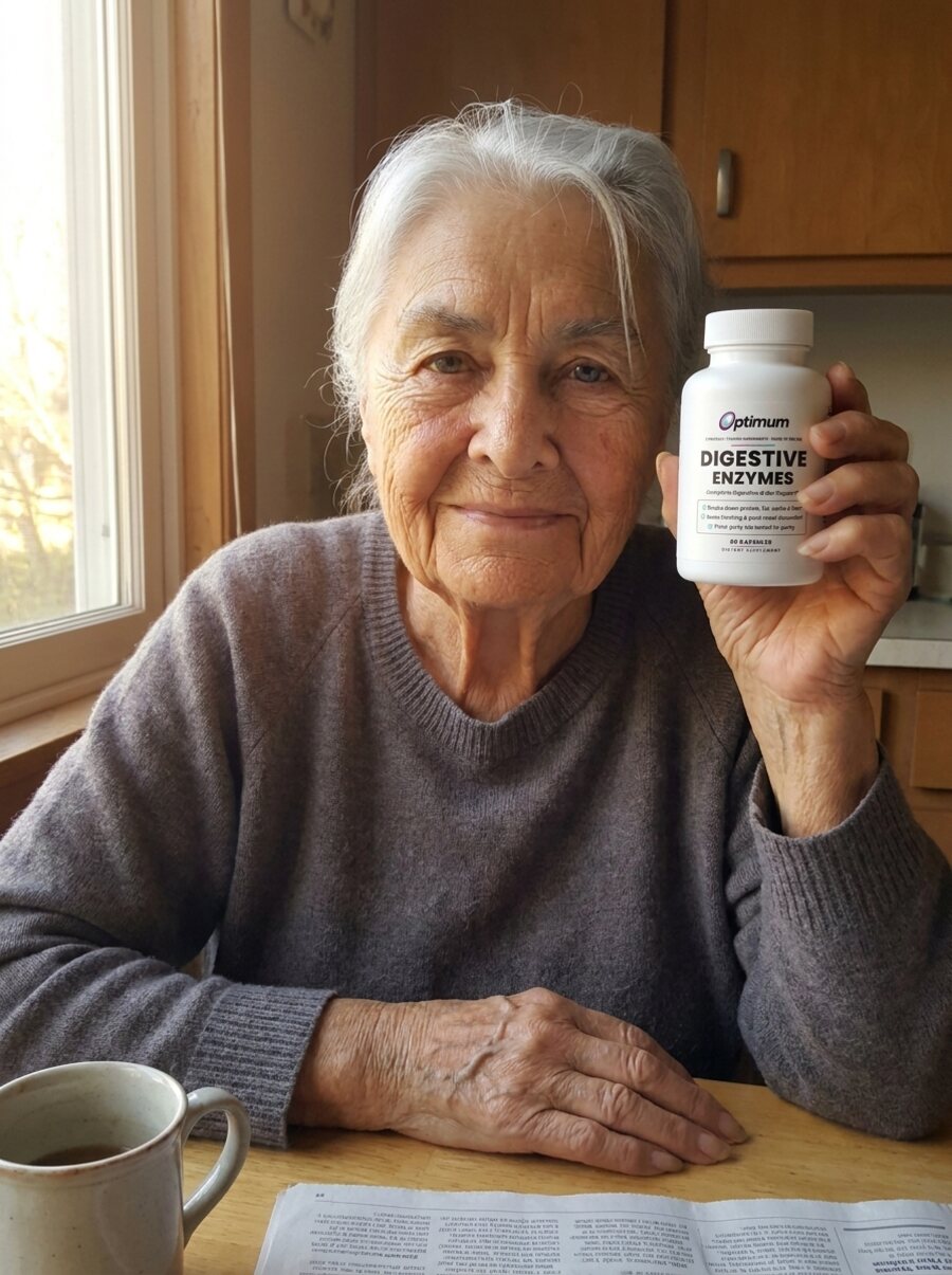 Roberta M., verified Optimum customer holding the Optimum Digestive Enzymes bottle