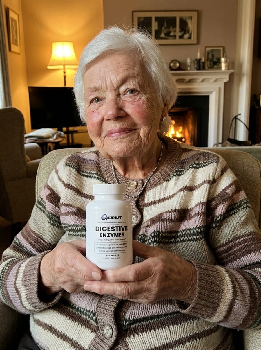 Nancy B., verified Optimum customer holding the Optimum Digestive Enzymes bottle