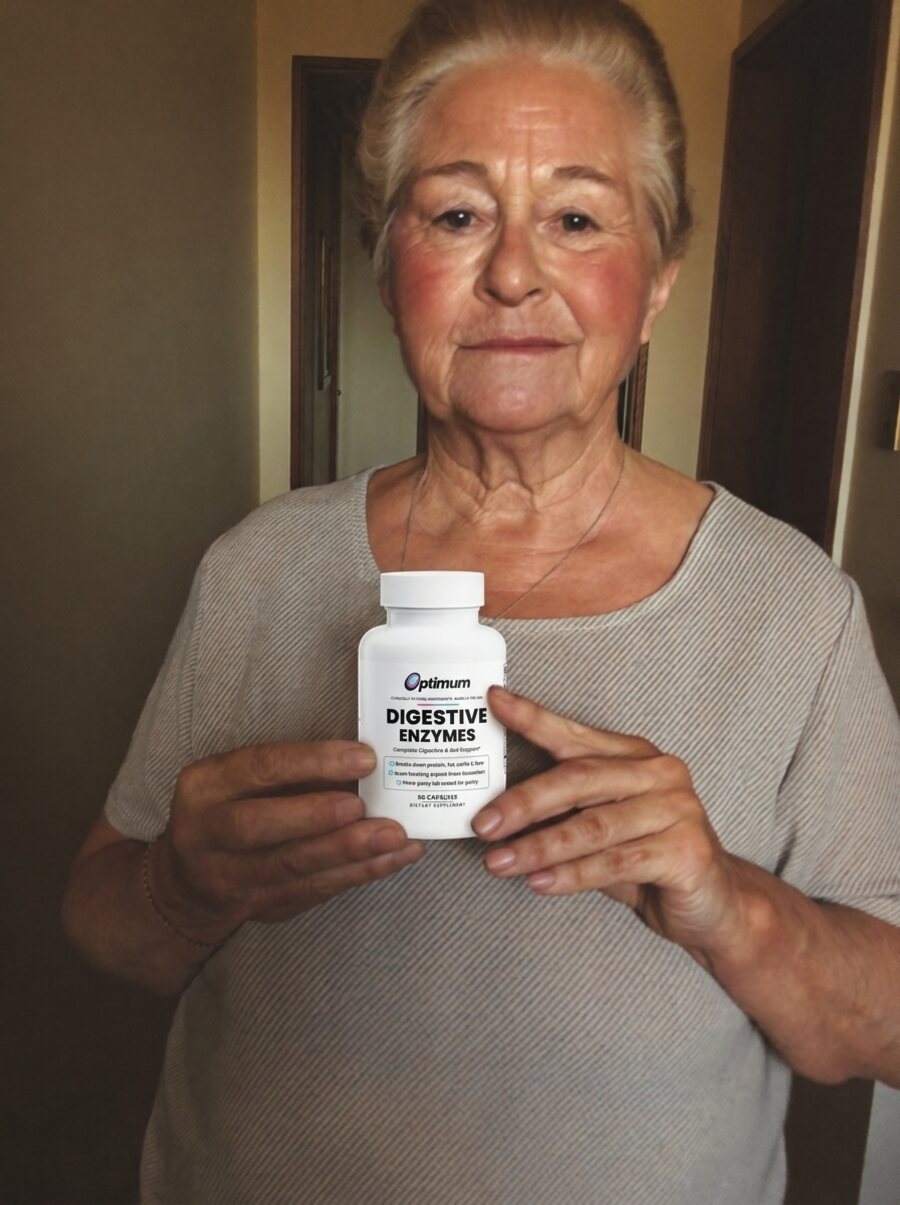 Sue A., verified Optimum customer holding the Optimum Digestive Enzymes bottle