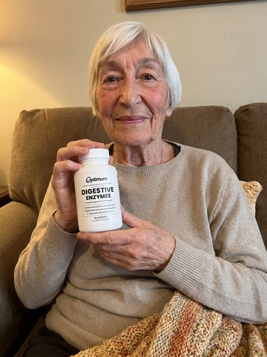 Sharon W., verified Optimum customer holding the Optimum Digestive Enzymes bottle