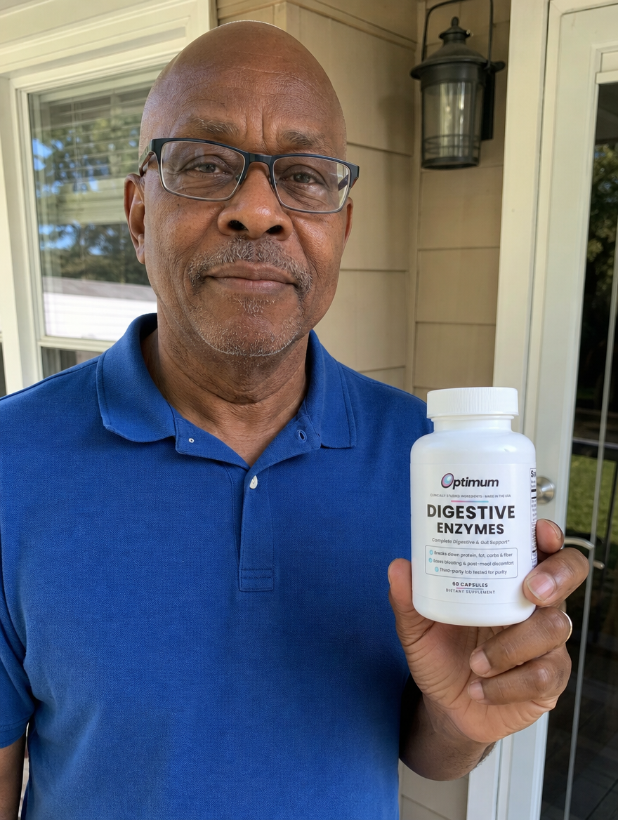 Gary M., verified Optimum customer holding the Optimum Digestive Enzymes bottle