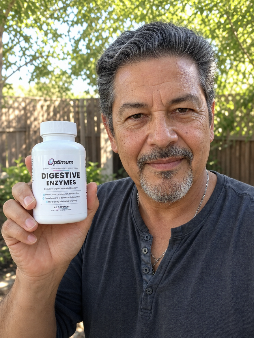 Dale P., verified Optimum customer holding the Optimum Digestive Enzymes bottle