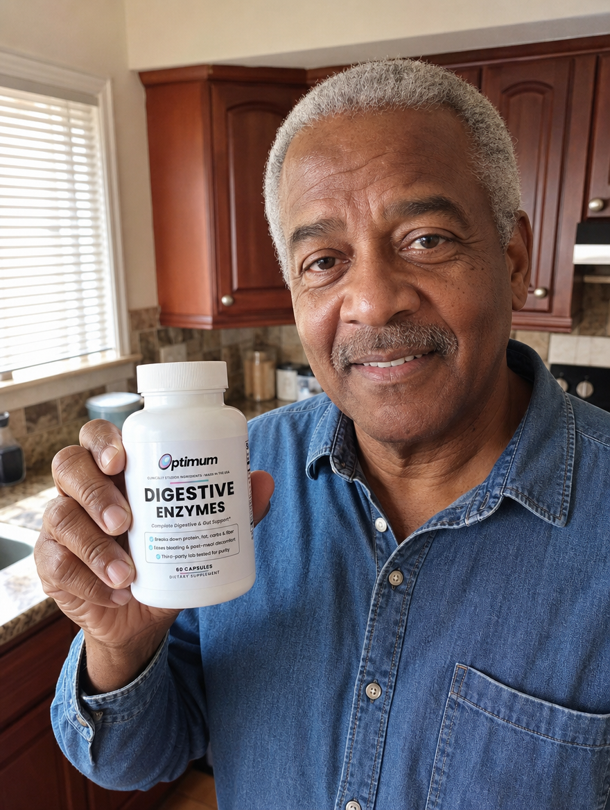 Earl W., verified Optimum customer holding the Optimum Digestive Enzymes bottle