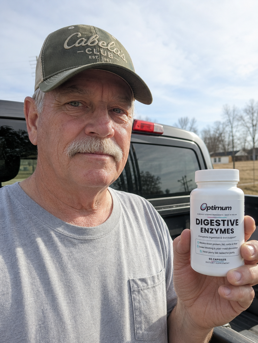 Leon G., verified Optimum customer holding the Optimum Digestive Enzymes bottle