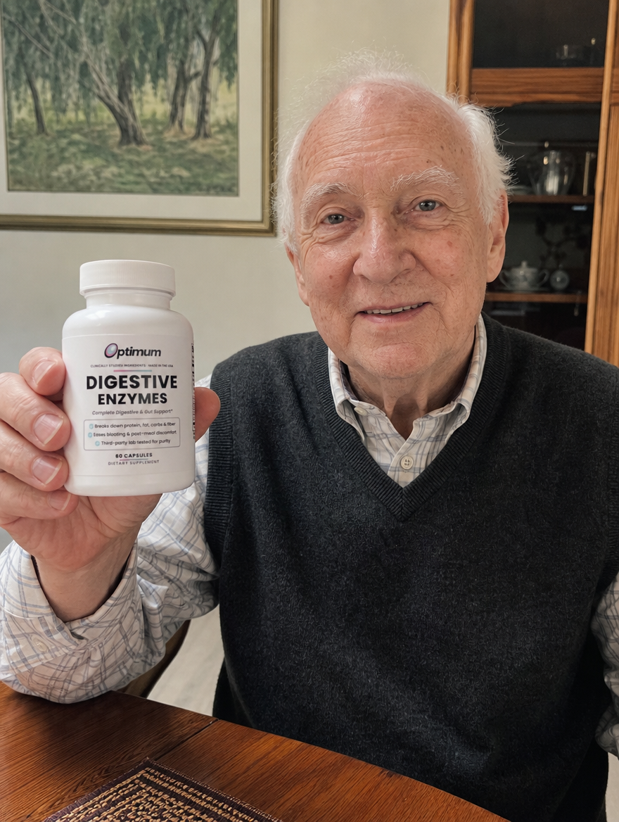 Mike S., verified Optimum customer holding the Optimum Digestive Enzymes bottle