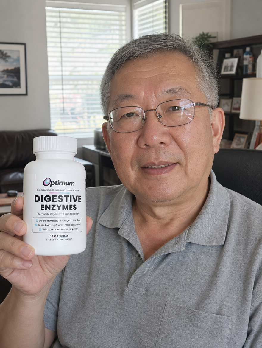 Harold B., verified Optimum customer holding the Optimum Digestive Enzymes bottle