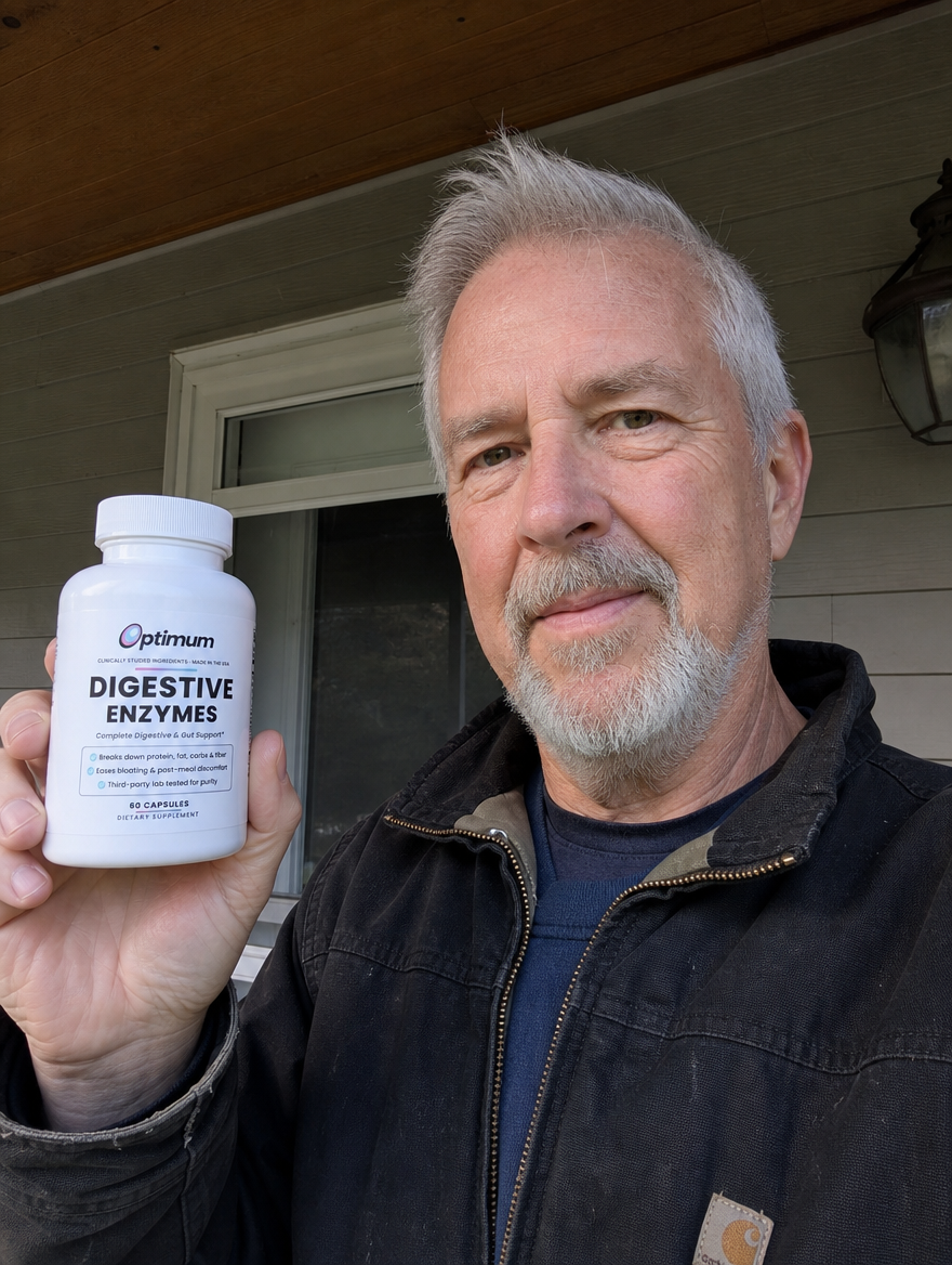 Carl D., verified Optimum customer holding the Optimum Digestive Enzymes bottle