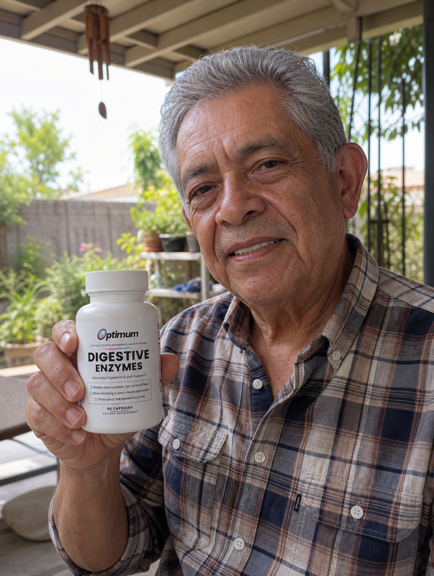 Tom B., verified Optimum customer holding the Optimum Digestive Enzymes bottle