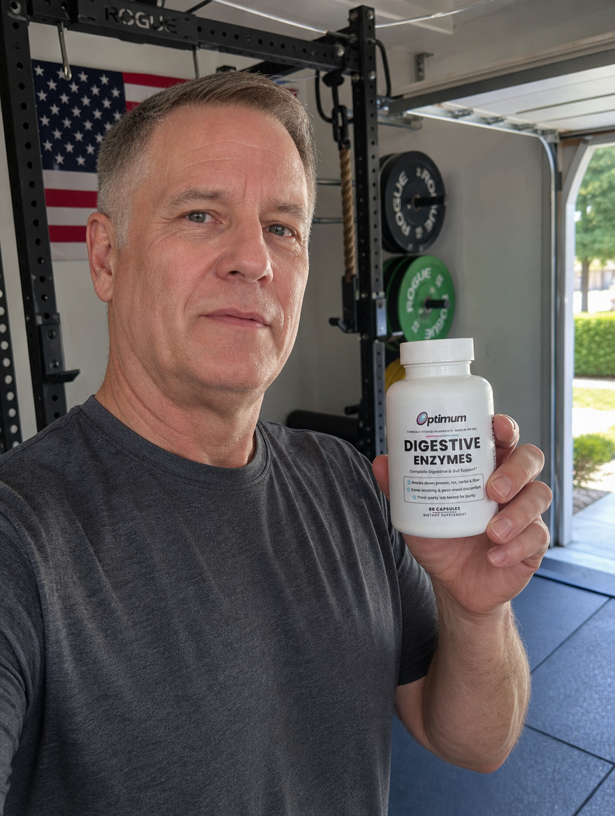 Rick H., verified Optimum customer holding the Optimum Digestive Enzymes bottle