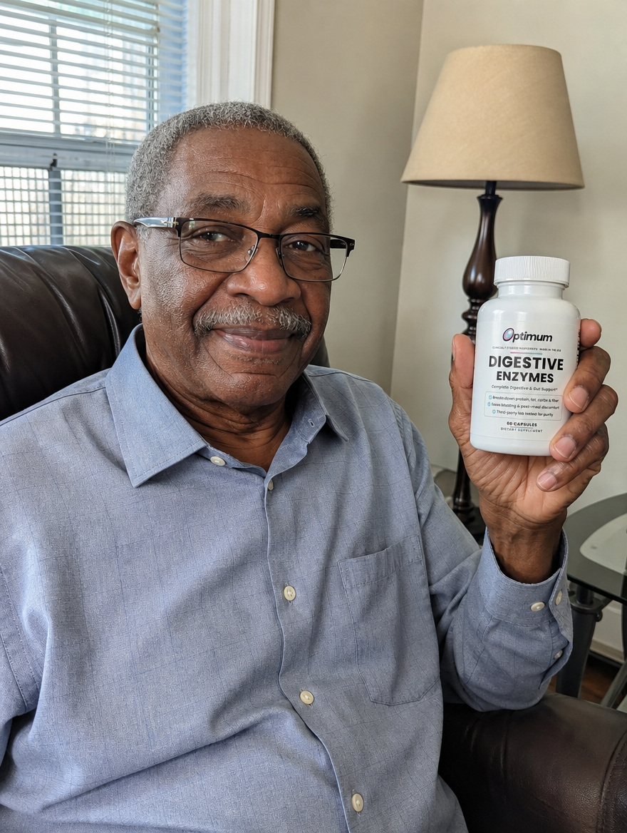 Dennis A., verified Optimum customer holding the Optimum Digestive Enzymes bottle