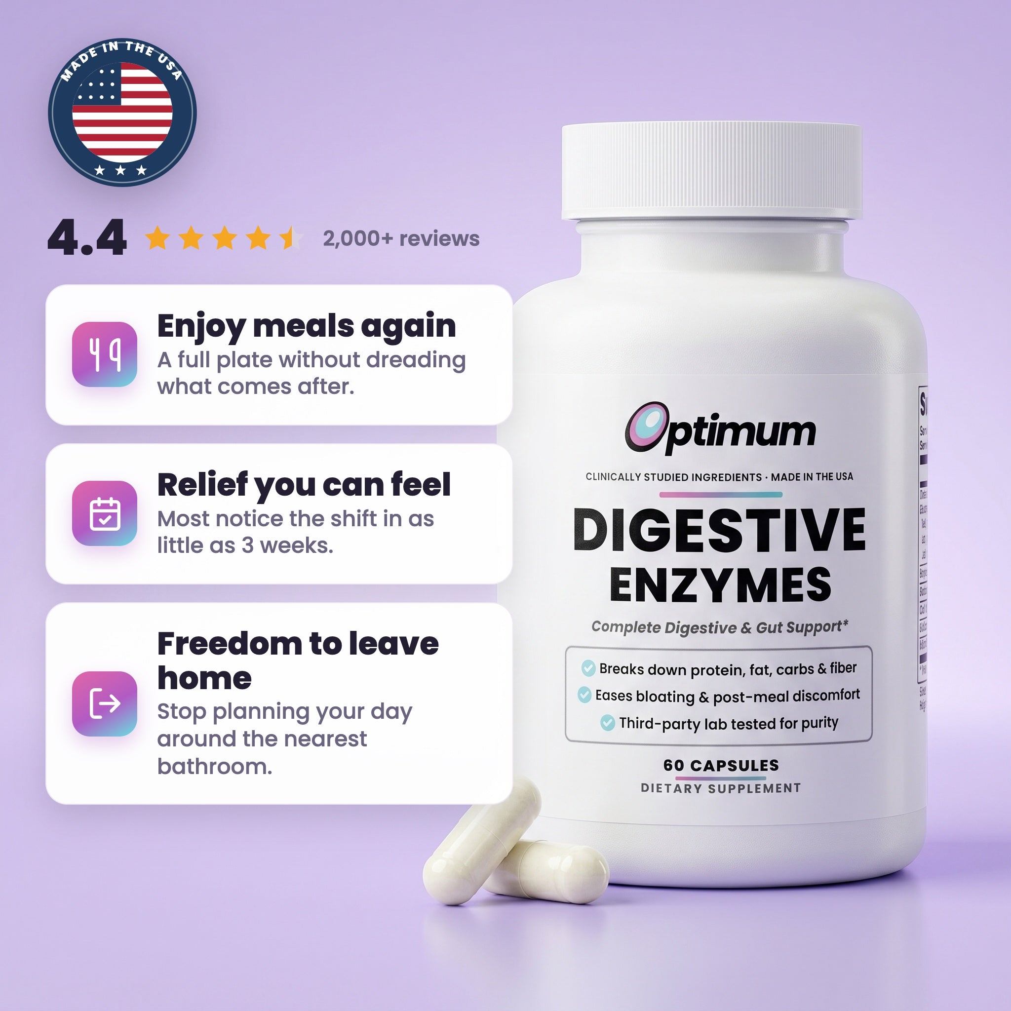 Optimum Digestive Enzymes, one capsule before each meal, enzyme and probiotic blend, third-party lab tested