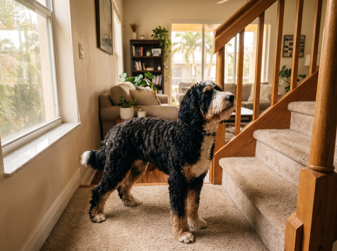 A doodle hesitating at the bottom of the stairs