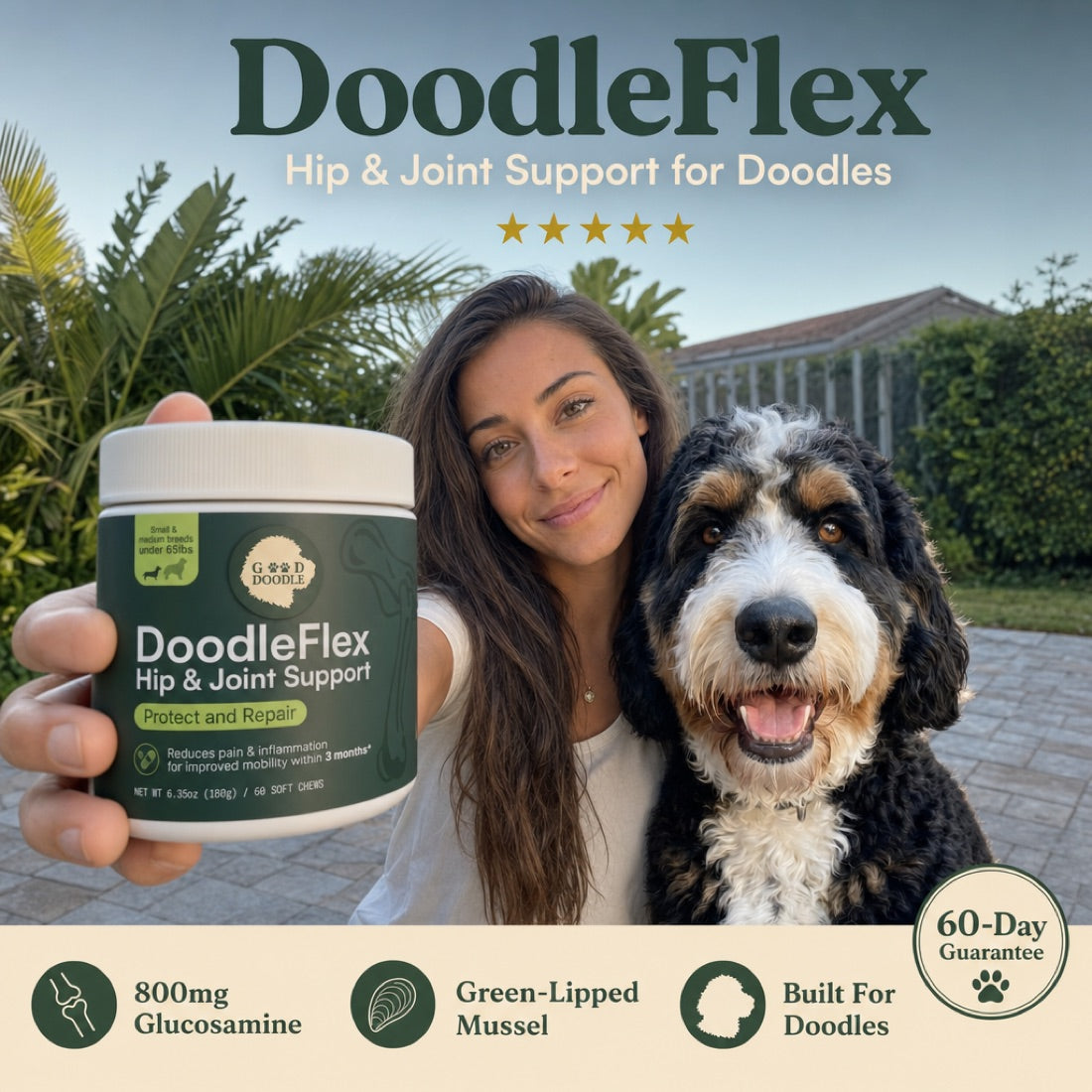 DoodleFlex Hip & Joint Support, held by Maddie with her doodle