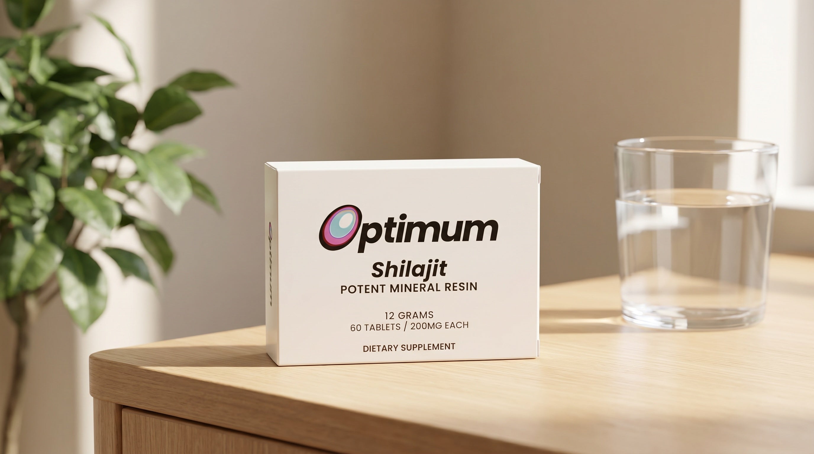 A box of Optimum Shilajit on a sunlit kitchen counter beside a glass of water and a green plant