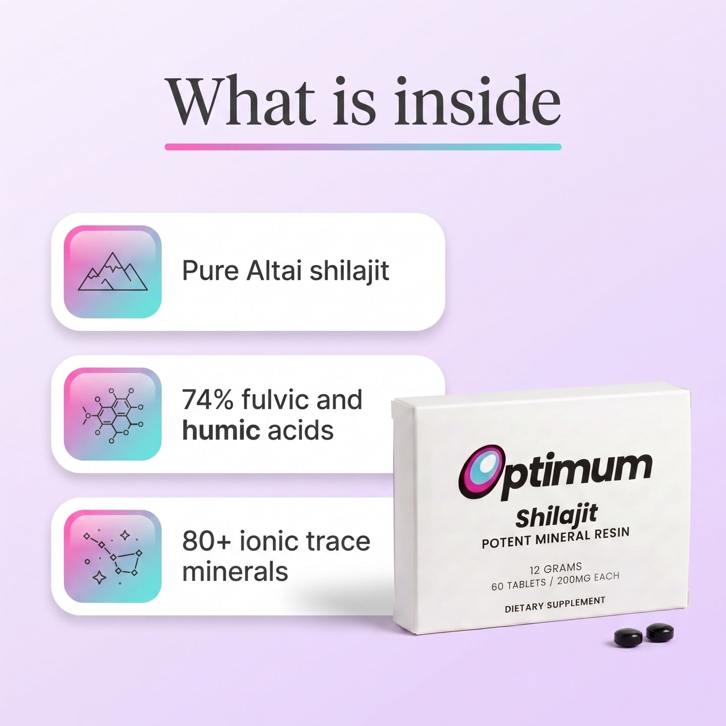 What is inside Optimum Shilajit: pure Altai shilajit, fulvic and humic acids, 80+ trace minerals