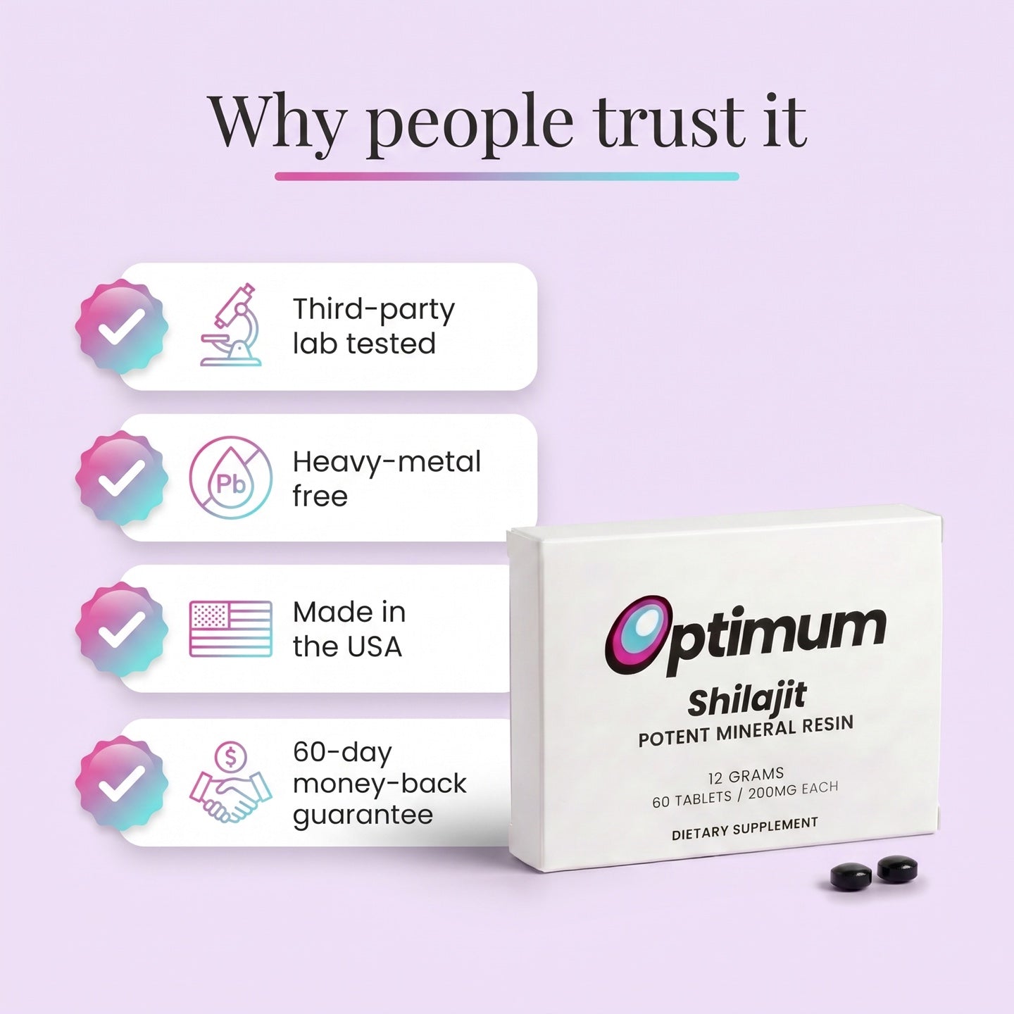 Why people trust Optimum Shilajit: third-party lab tested, heavy-metal free, made in the USA, 60-day guarantee