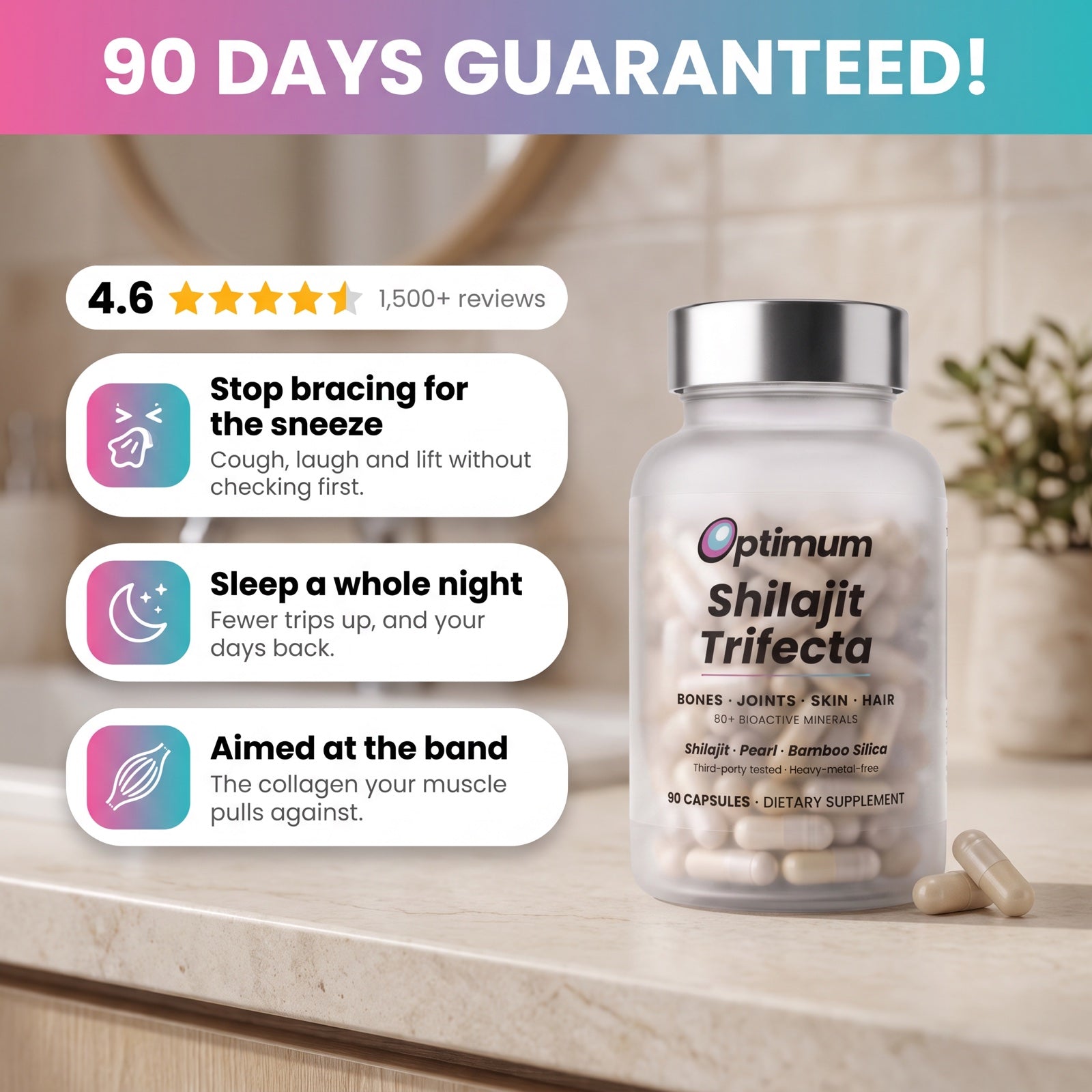 Optimum Shilajit Bladder Restore Trifecta, 90 days guaranteed, rated 4.6 by 1,500 plus women