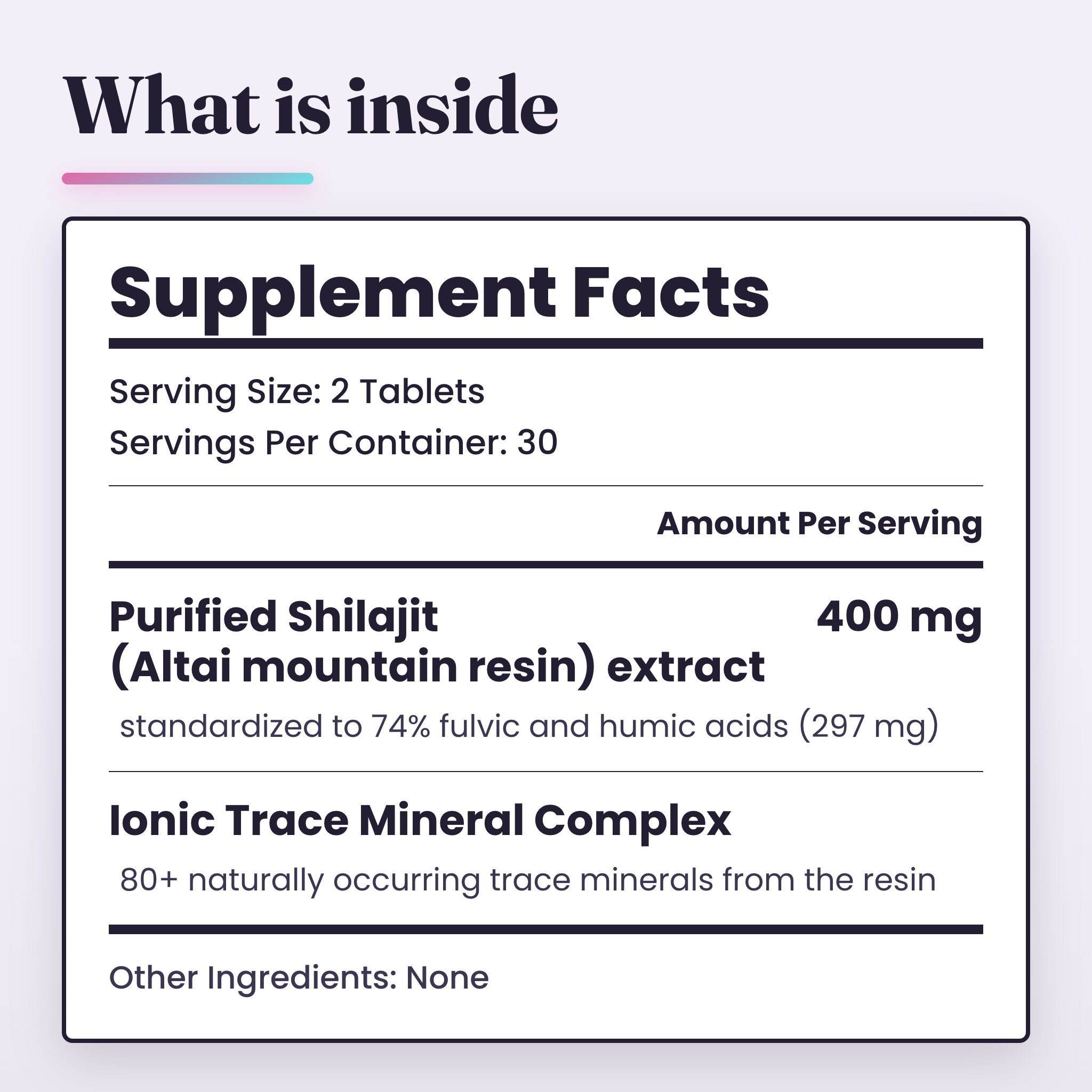 Optimum Shilajit supplement facts panel