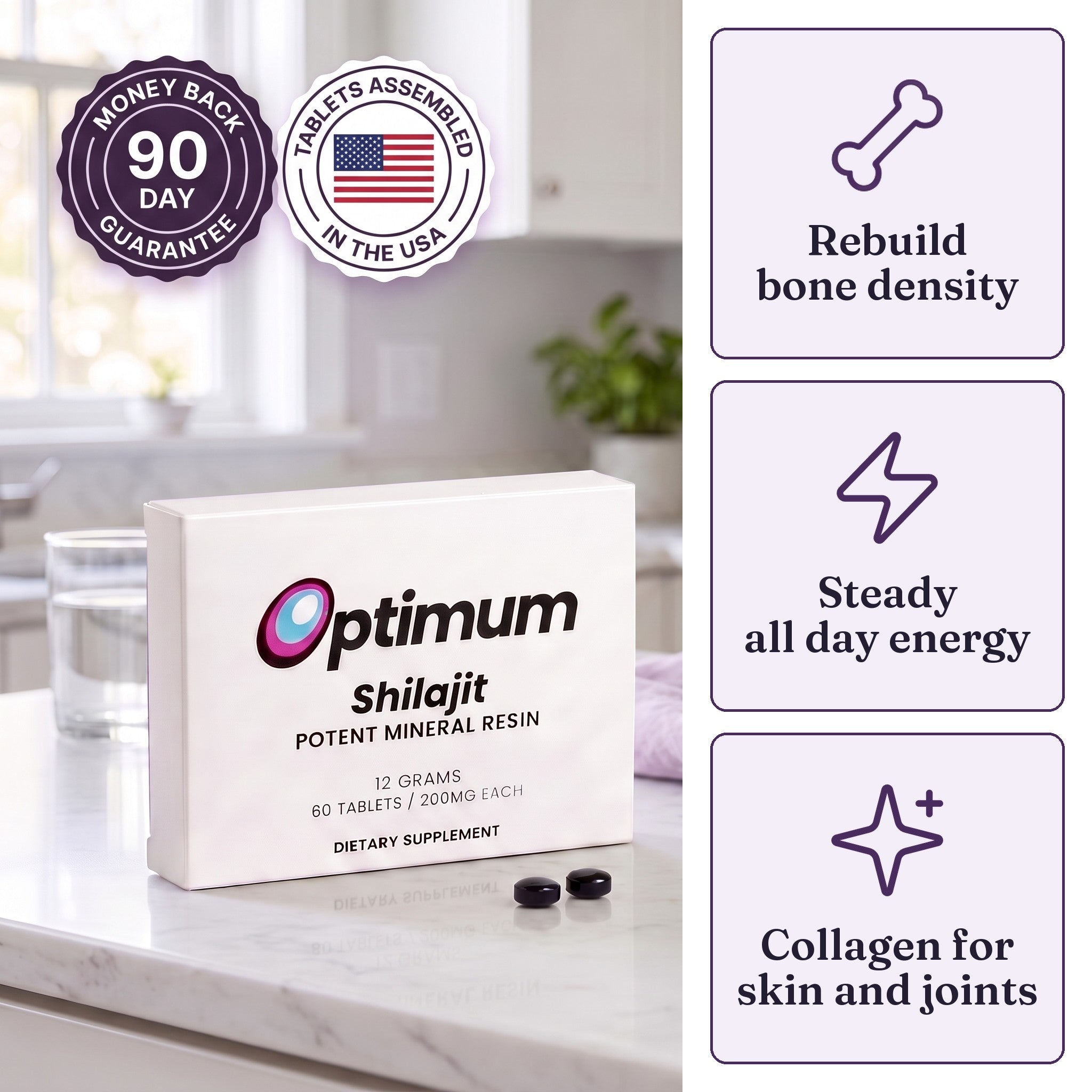 Optimum Shilajit box on a kitchen counter with 3 benefits, rebuild bone density, steady all day energy, collagen for skin and joints