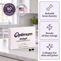 Optimum Shilajit box on a kitchen counter with 3 benefits, rebuild bone density, steady all day energy, collagen for skin and joints