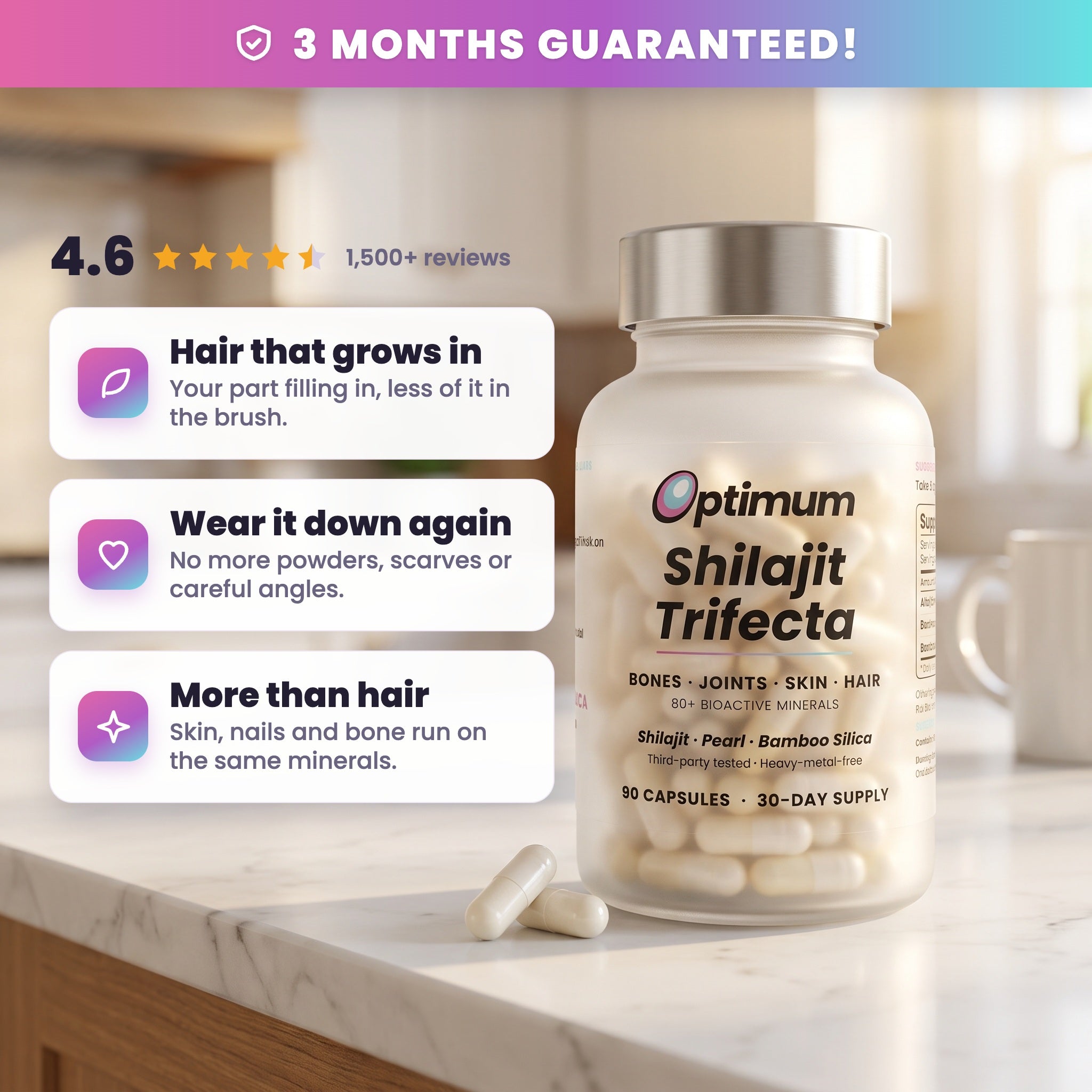 Optimum Shilajit Hair Restore Trifecta, 3 months guaranteed, rated 4.6 by 1,500 plus women