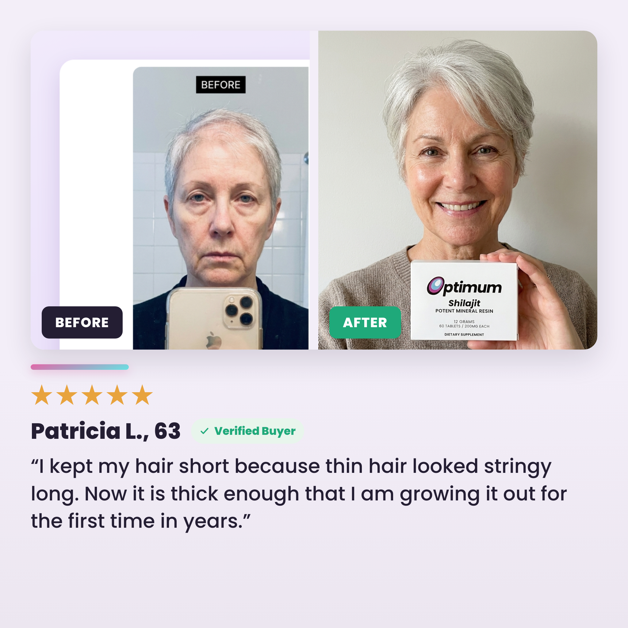 Patricia L., 63 — before and after, thicker hair growing in