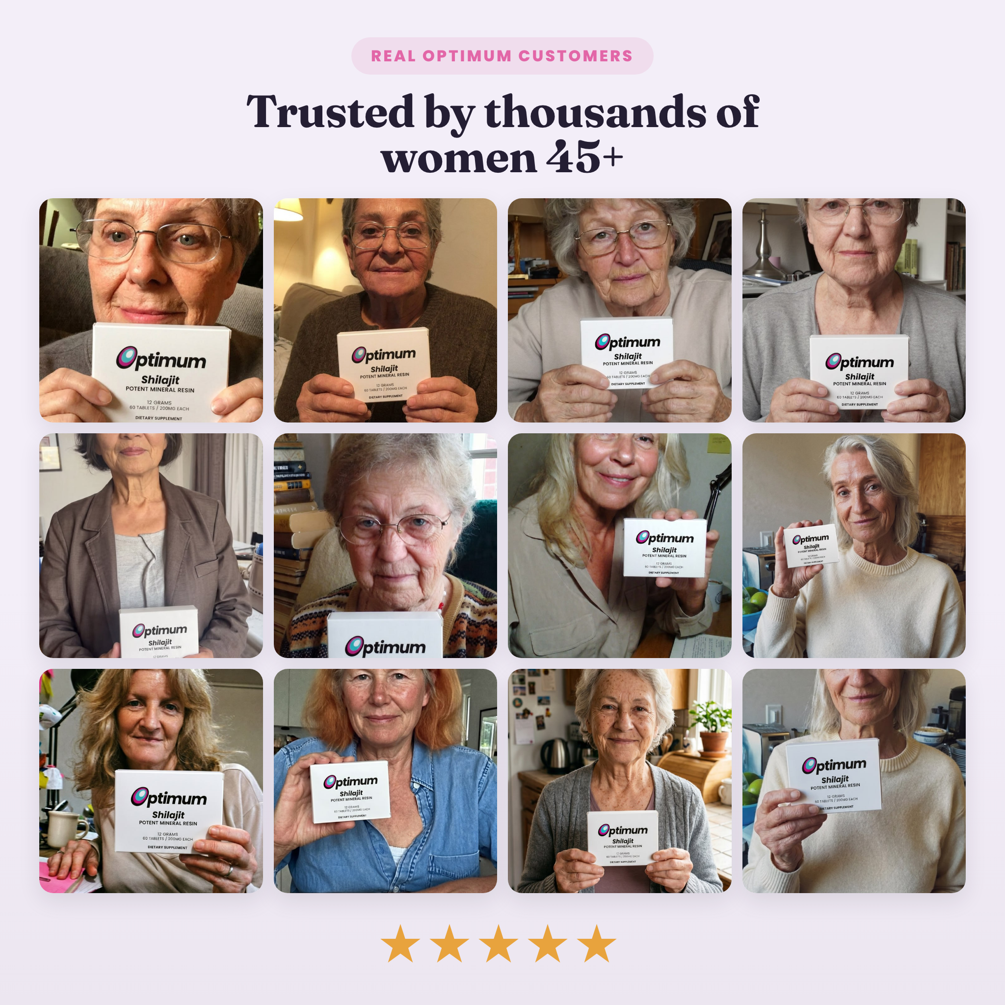 Trusted by thousands of women 45+, real Optimum customers holding the box