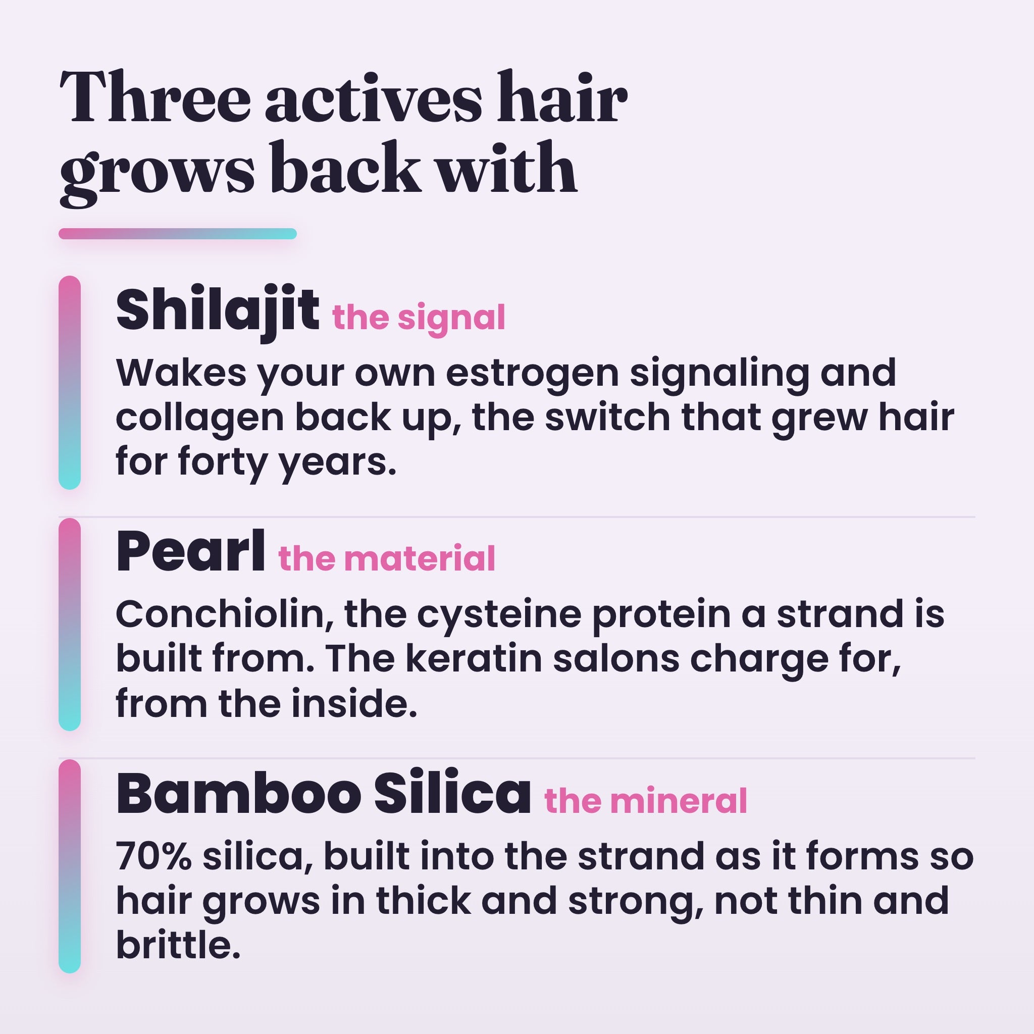 The three actives hair grows back with: shilajit, pearl, bamboo silica