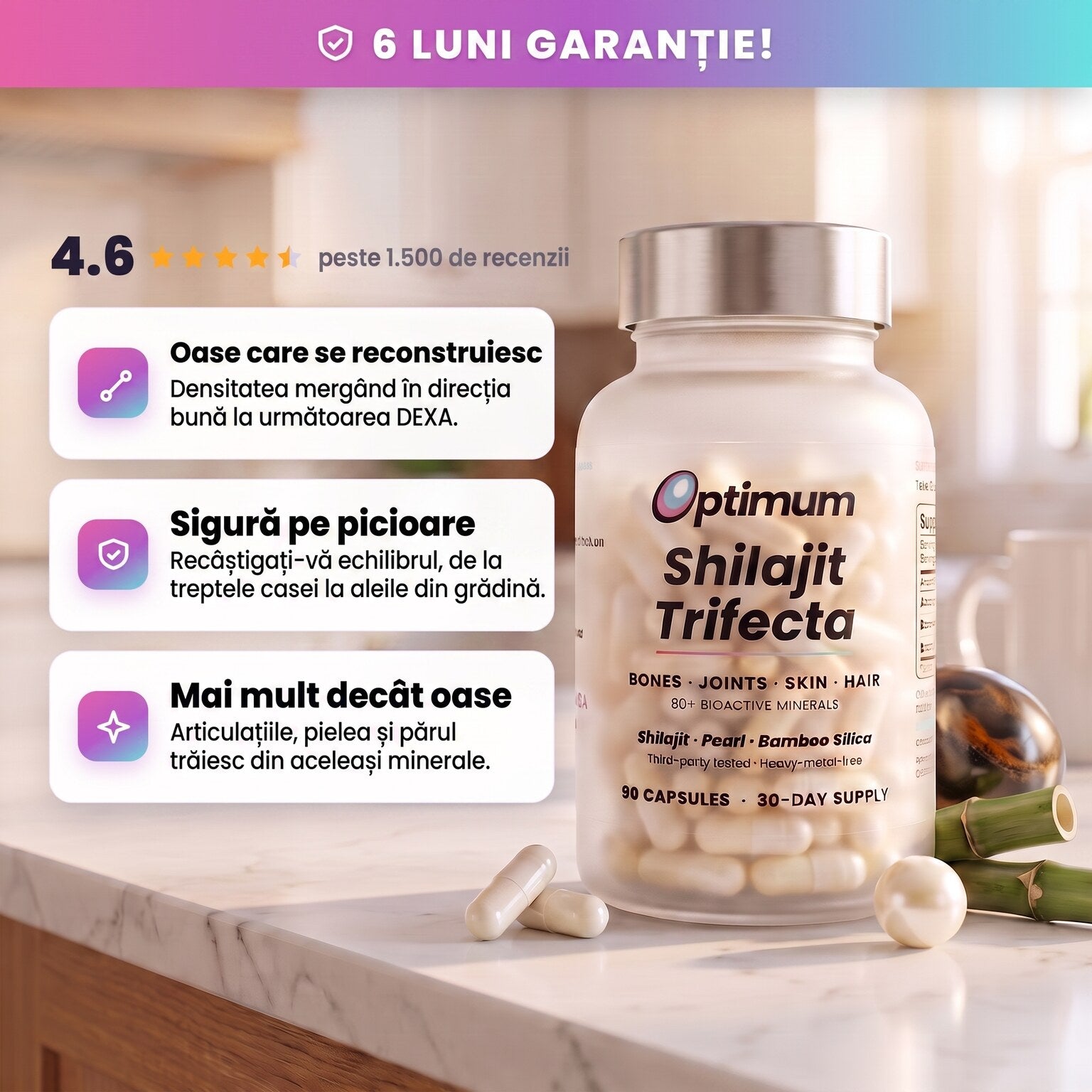 Optimum Shilajit Trifecta, 6 luni garanție, evaluat 4,6 de peste 1.500 de femei