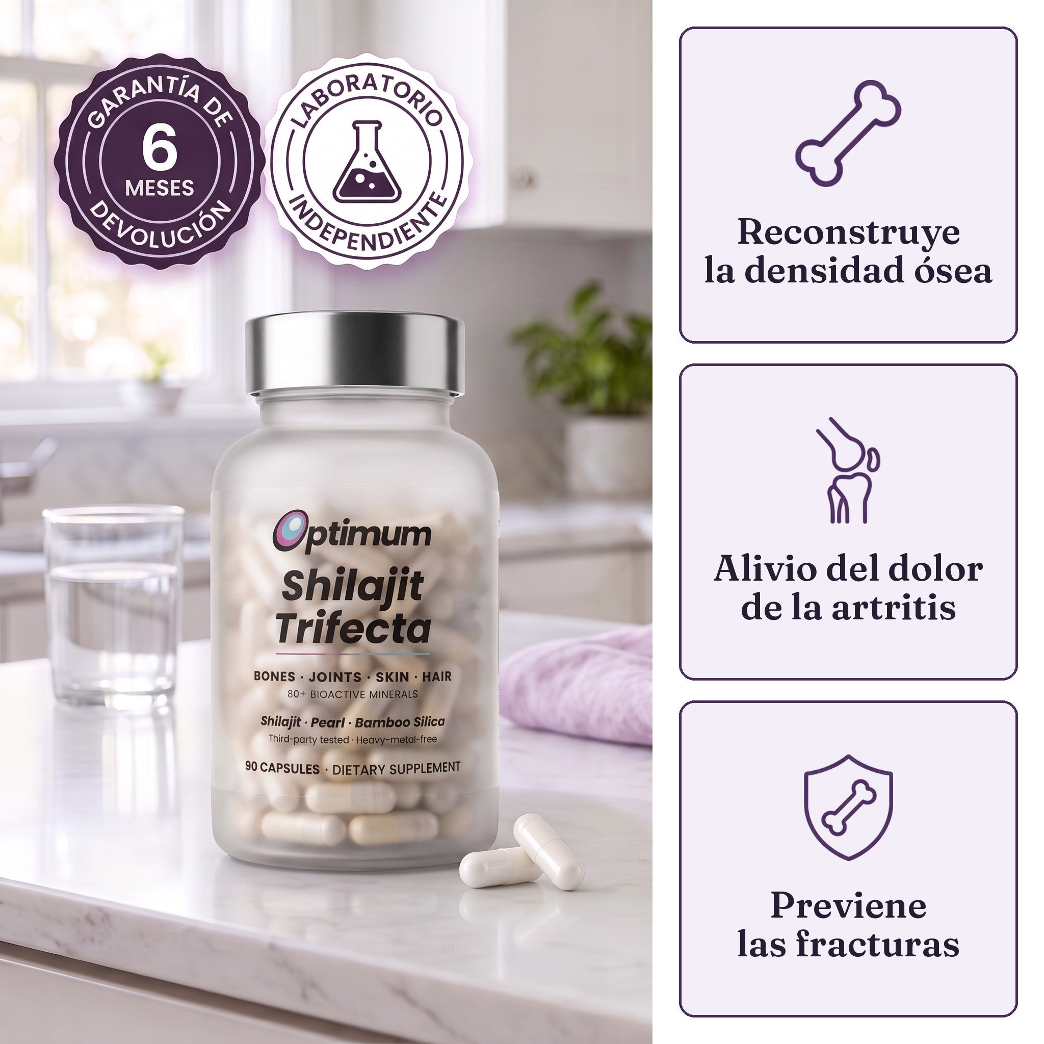 Optimum Shilajit Trifecta sobre la encimera de una cocina, reconstruye la densidad ósea, alivio del dolor de la artritis, previene las fracturas, garantía de devolución de 6 meses, laboratorio independiente