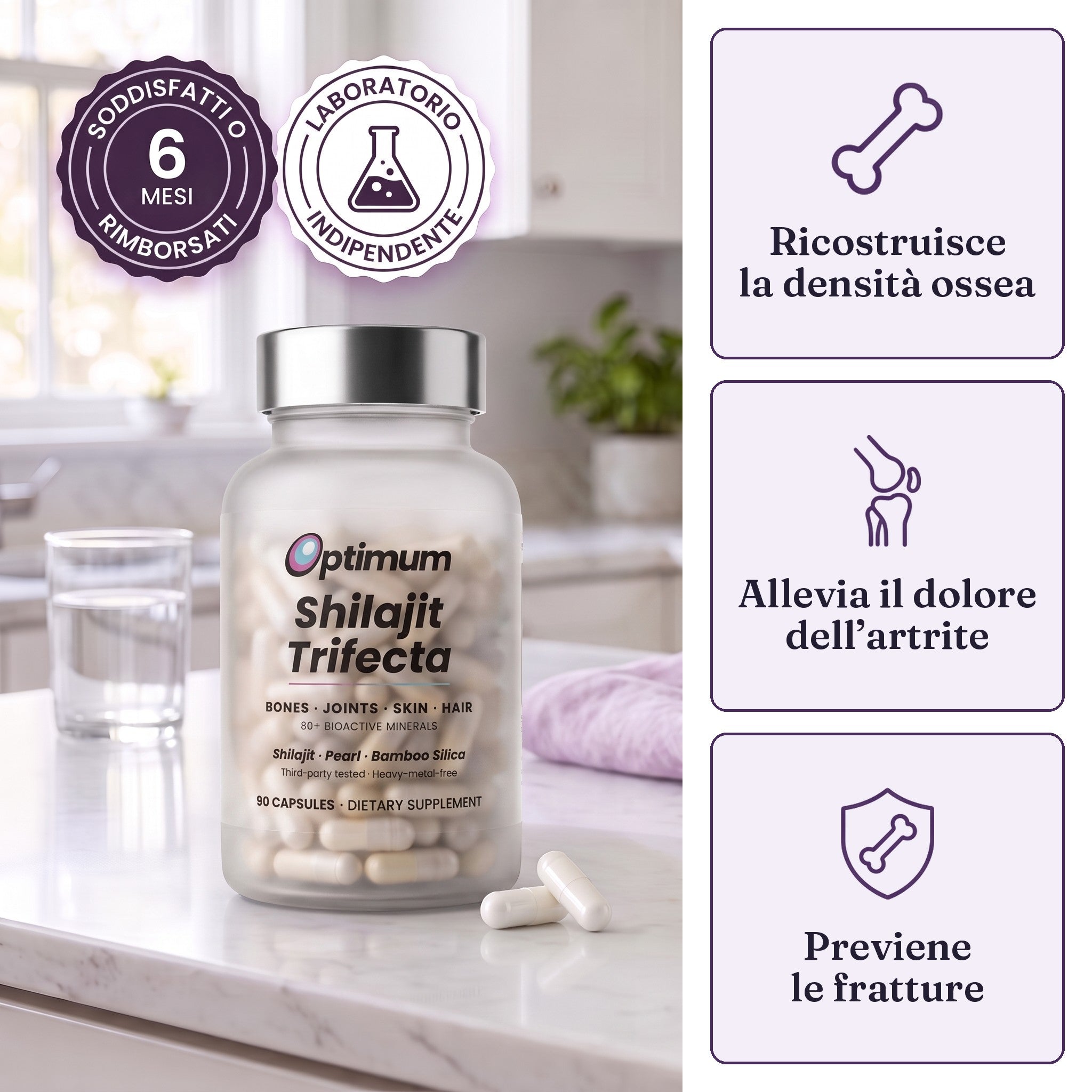 Optimum Shilajit Trifecta sul piano di una cucina, ricostruisce la densità ossea, allevia il dolore dell’artrite, previene le fratture, garanzia soddisfatti o rimborsati di 6 mesi, laboratorio indipendente