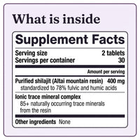 Supplement facts, 400 mg purified Altai shilajit per serving, 78% fulvic and humic acids, 85+ trace minerals, no other ingredients