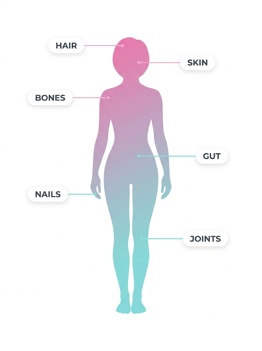 A figure showing where collagen works across the body: hair, skin, nails, bones, joints and gut