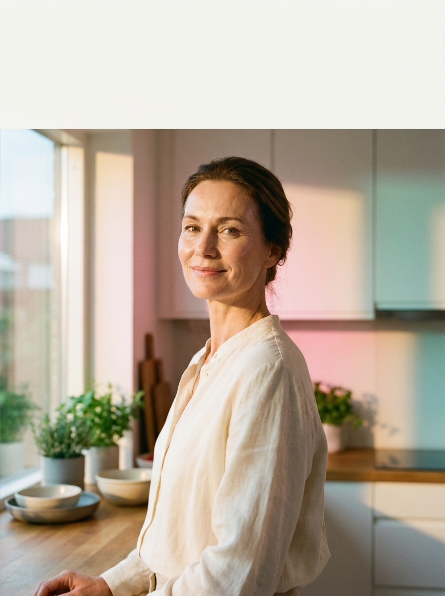 A woman in her fifties standing calm and energized in her sunlit kitchen, part of her daily Optimum Shilajit routine