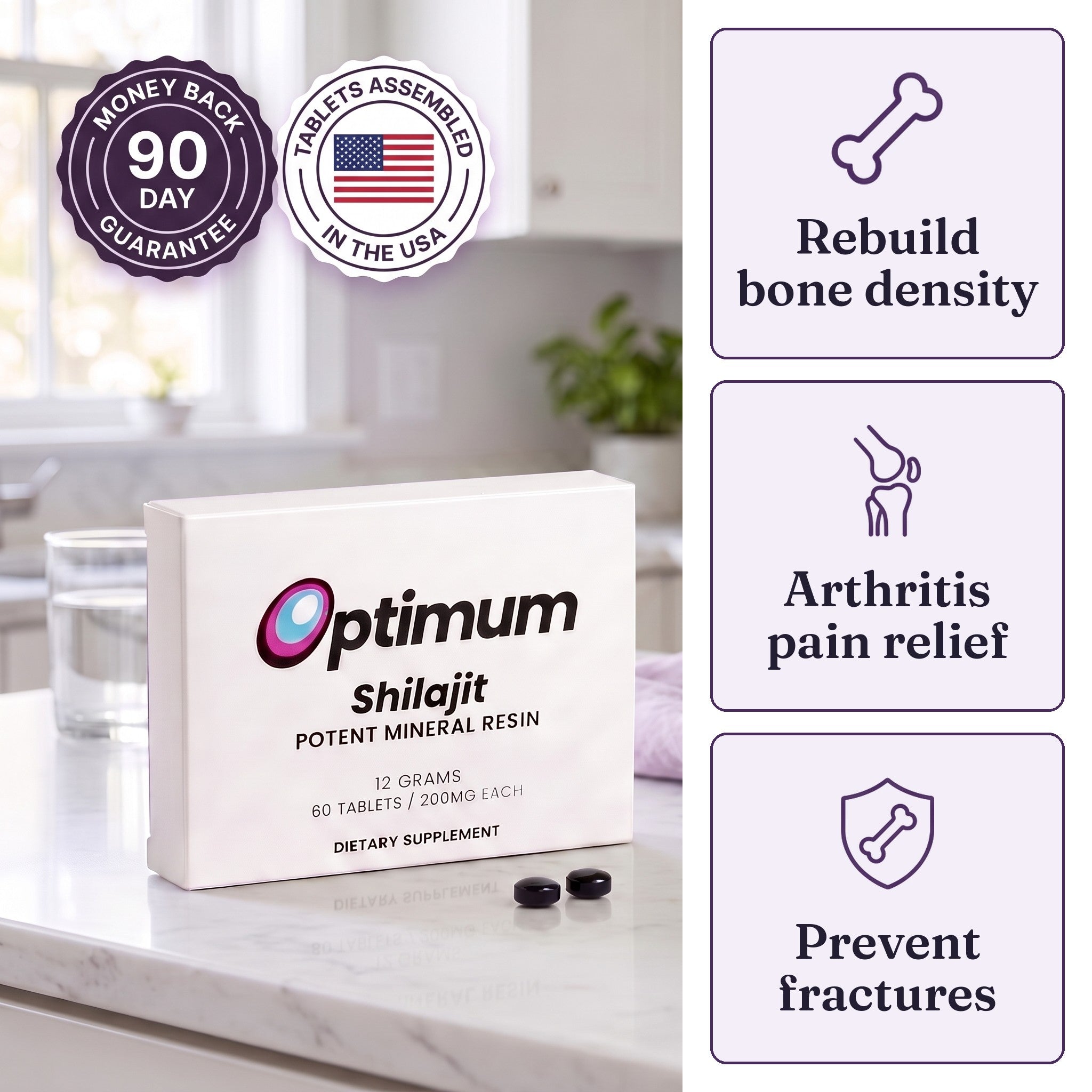 Optimum Shilajit Bone Restore Formula box, 60 tablets, with 90 day guarantee