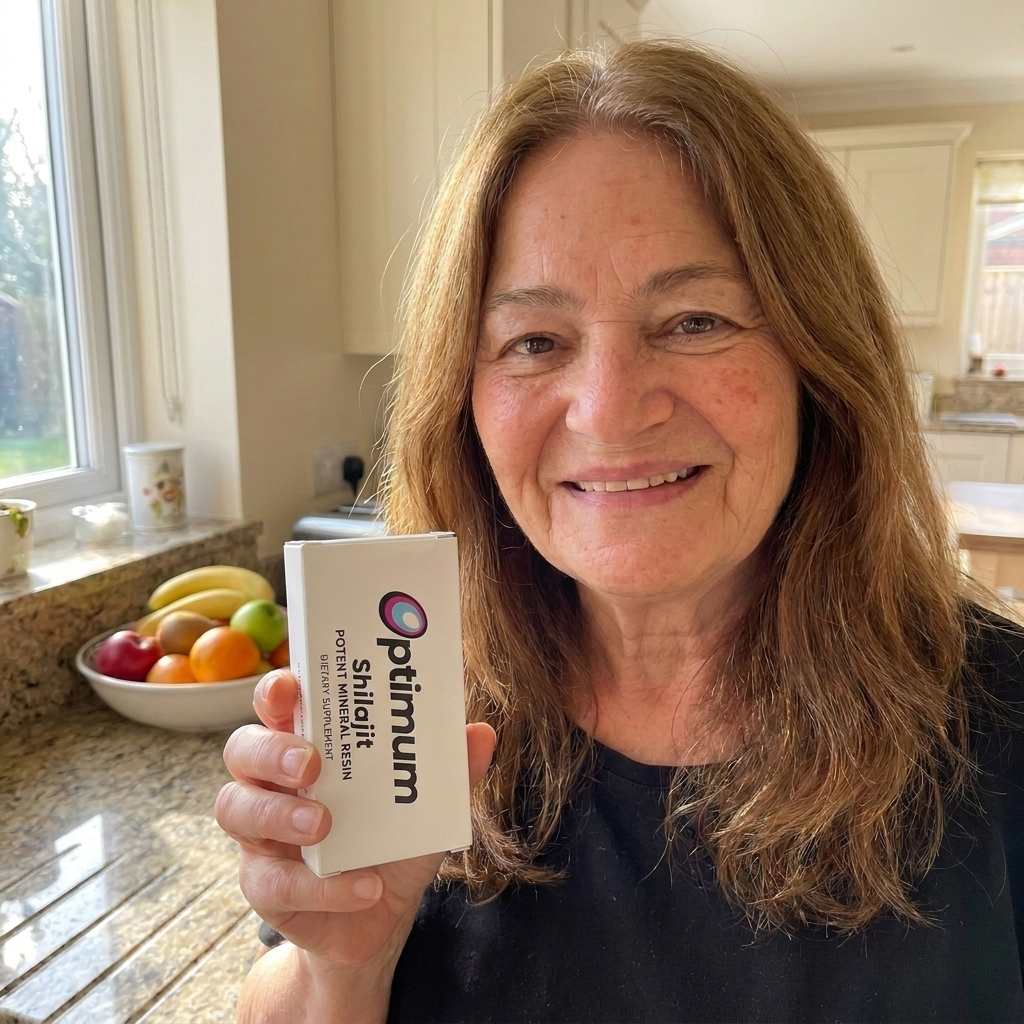 Karen with the Shilajit Hair Restore Formula in her kitchen