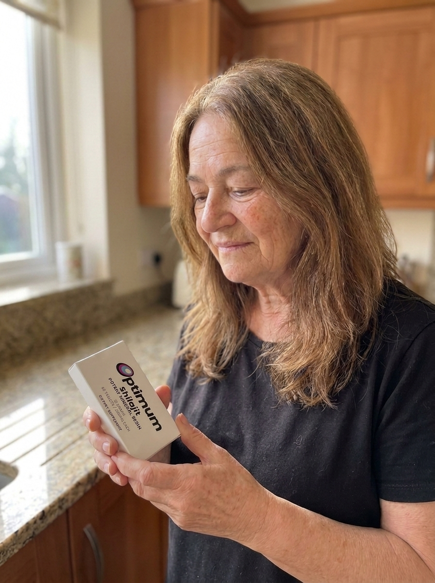 Holding the Shilajit Hair Restore Formula in her kitchen